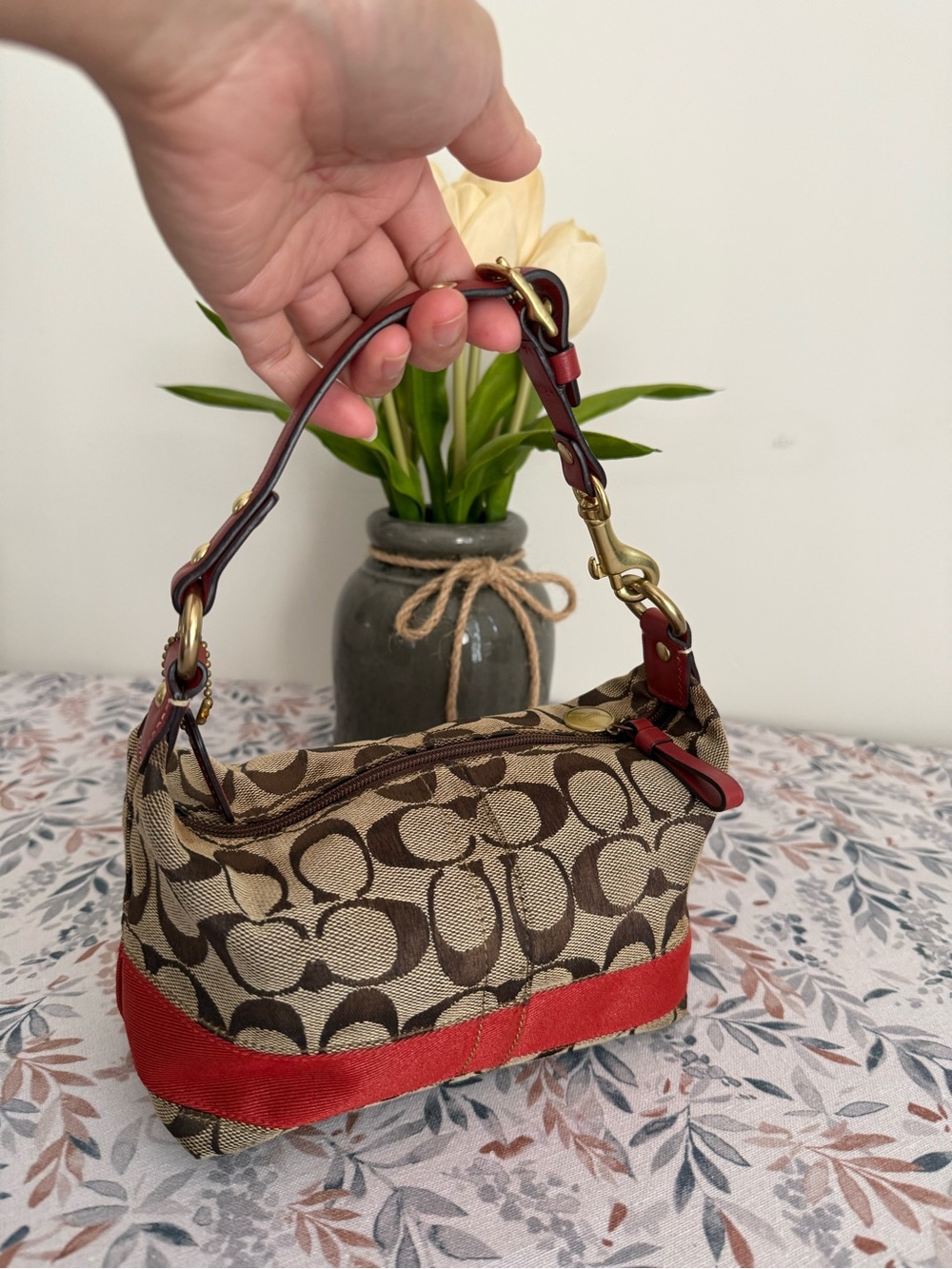 Coach Monogram Mini Bag with Red Trim